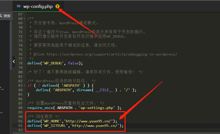 wp-config.php中，添加以下两行内容