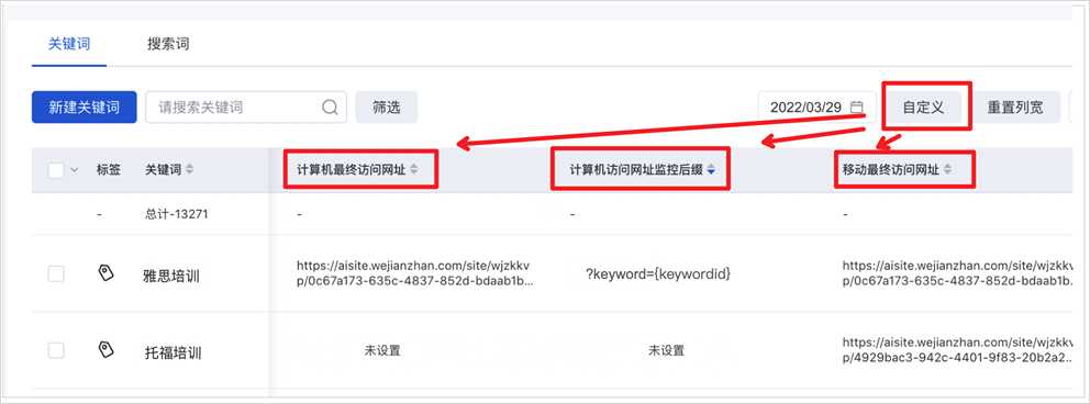 可在关键词列表或创意列表的“自定义“中