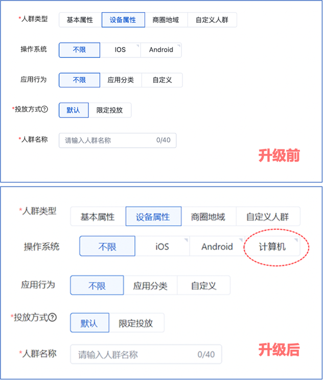 人群投放设置升级，新增计算机设备属性